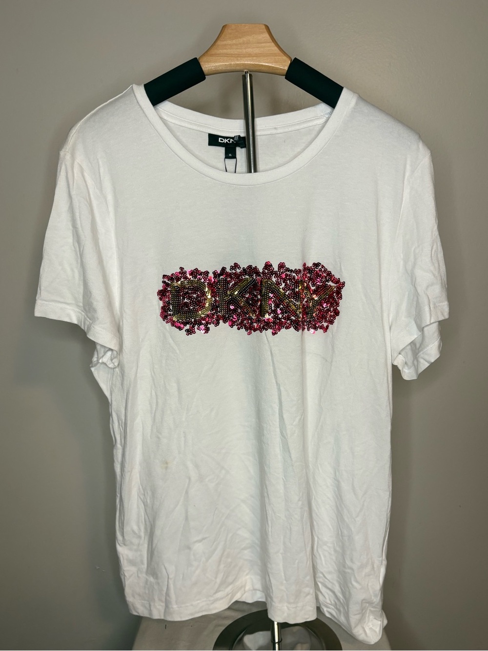 DKNY White Short Sleeve Tee with Pink Beaded Logo Patch